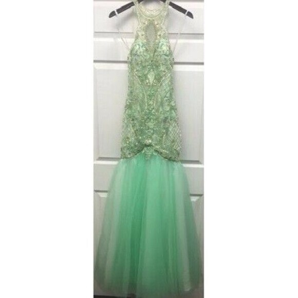 Lucci Lu Beaded Tulle Grad Prom Dress 2100 Pistachio - Picture 1 of 2